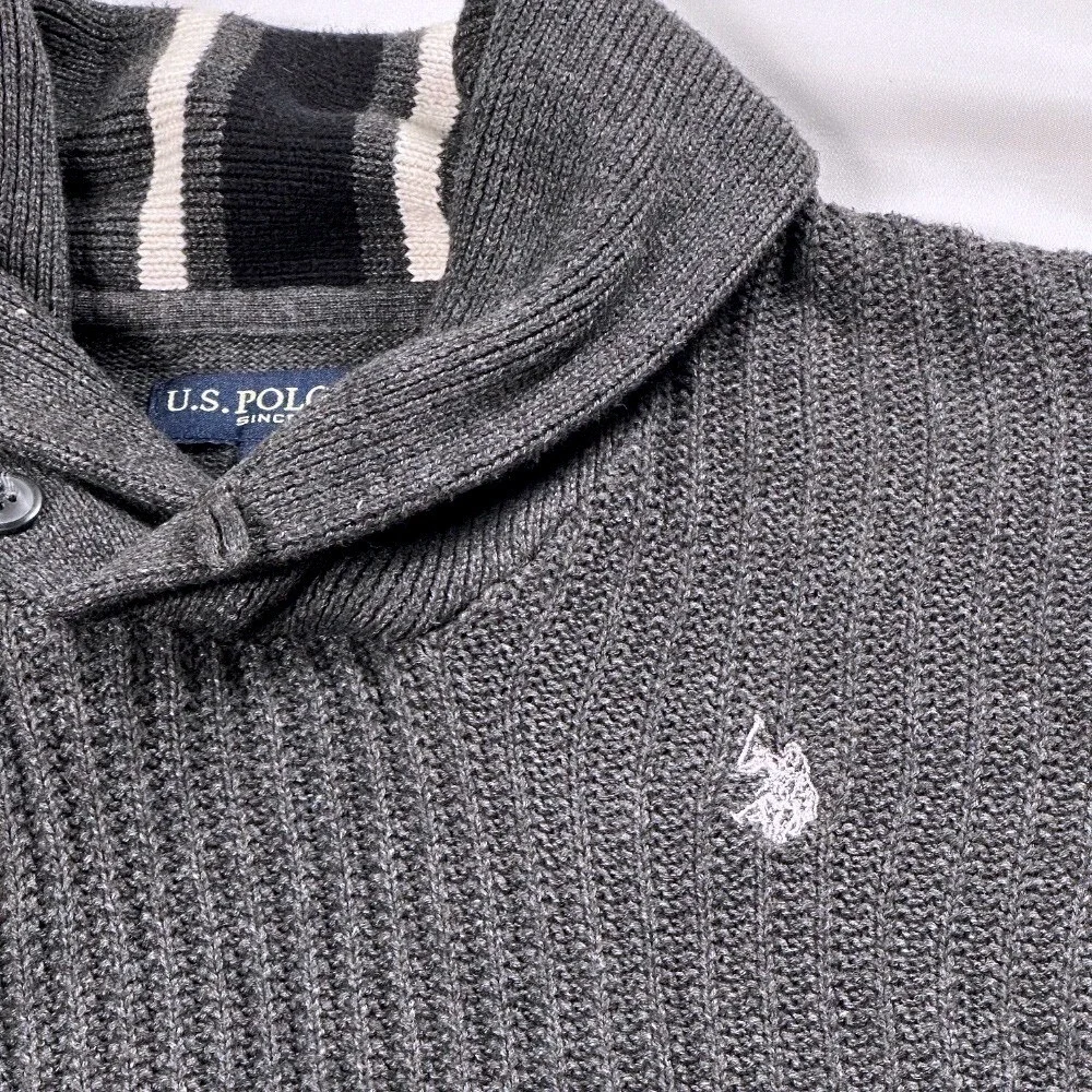 U.S. Polo Assn. Shawl Collar Sweater Men Medium Dark Gray Pullover Knit